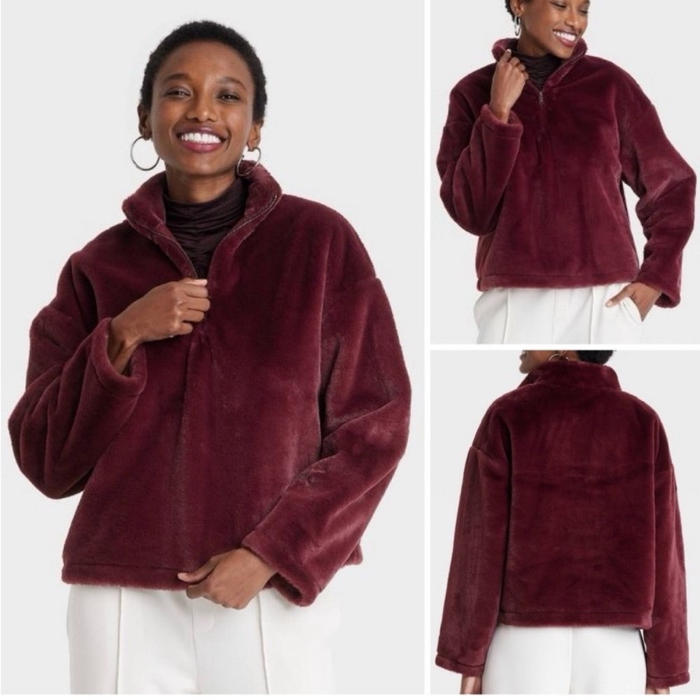Burgundy Faux Fur Quarter Zip Sweatshirt Jacket Coat - a new day XL